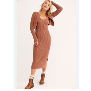 Free people Elegant Brown Knit midi Dress and Cardigan set